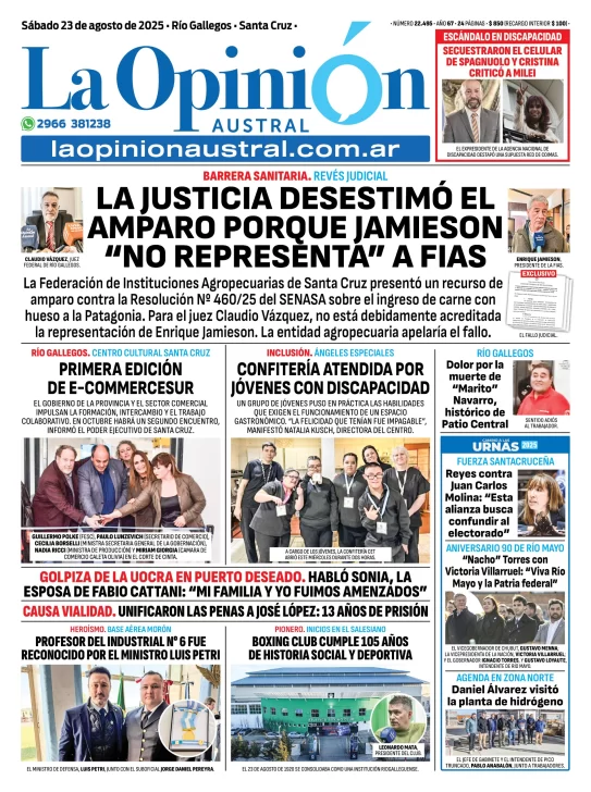 Tapa del Diario La Opinión Austral edición impresa del sábado 23 de agosto de 2025, Río Gallegos, Santa Cruz, Argentina