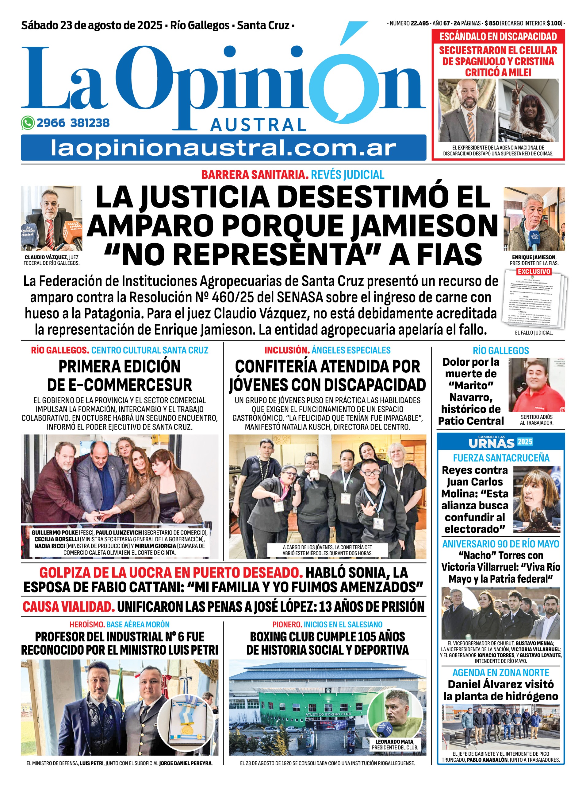  Tapa del Diario La Opinión Austral edición impresa del sábado 23 de agosto de 2025.