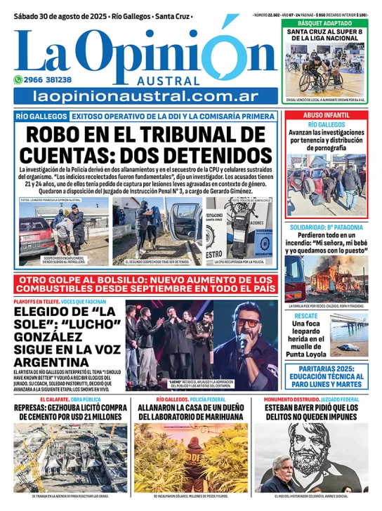  Tapa del Diario La Opinión Austral del sábado 30 de agosto de 2025.
