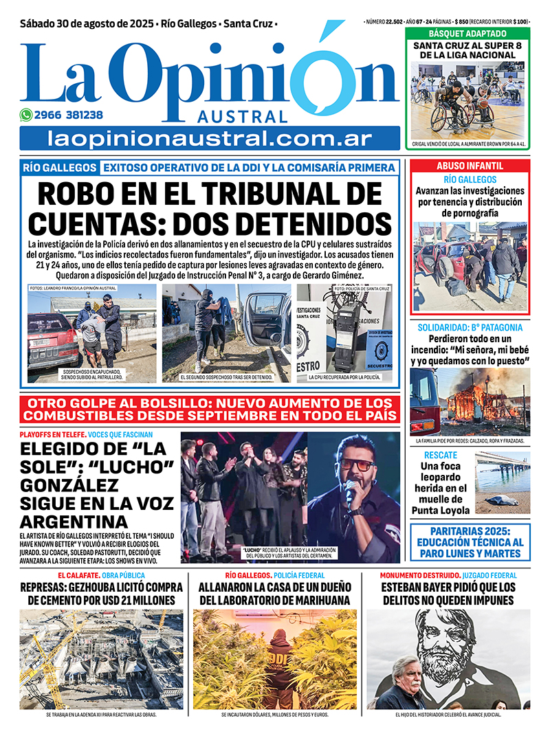 Tapa del Diario La Opinión Austral del sábado 30 de agosto de 2025.