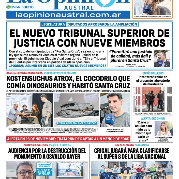 Tapa del Diario La Opinión Austral edición impresa del viernes 29 de agosto de 2025, Río Gallegos, Santa Cruz, Argentina Tapa del Diario La Opinión Austral edición impresa del viernes 29 de agosto de 2025, Río Gallegos, Santa Cruz, Argentina