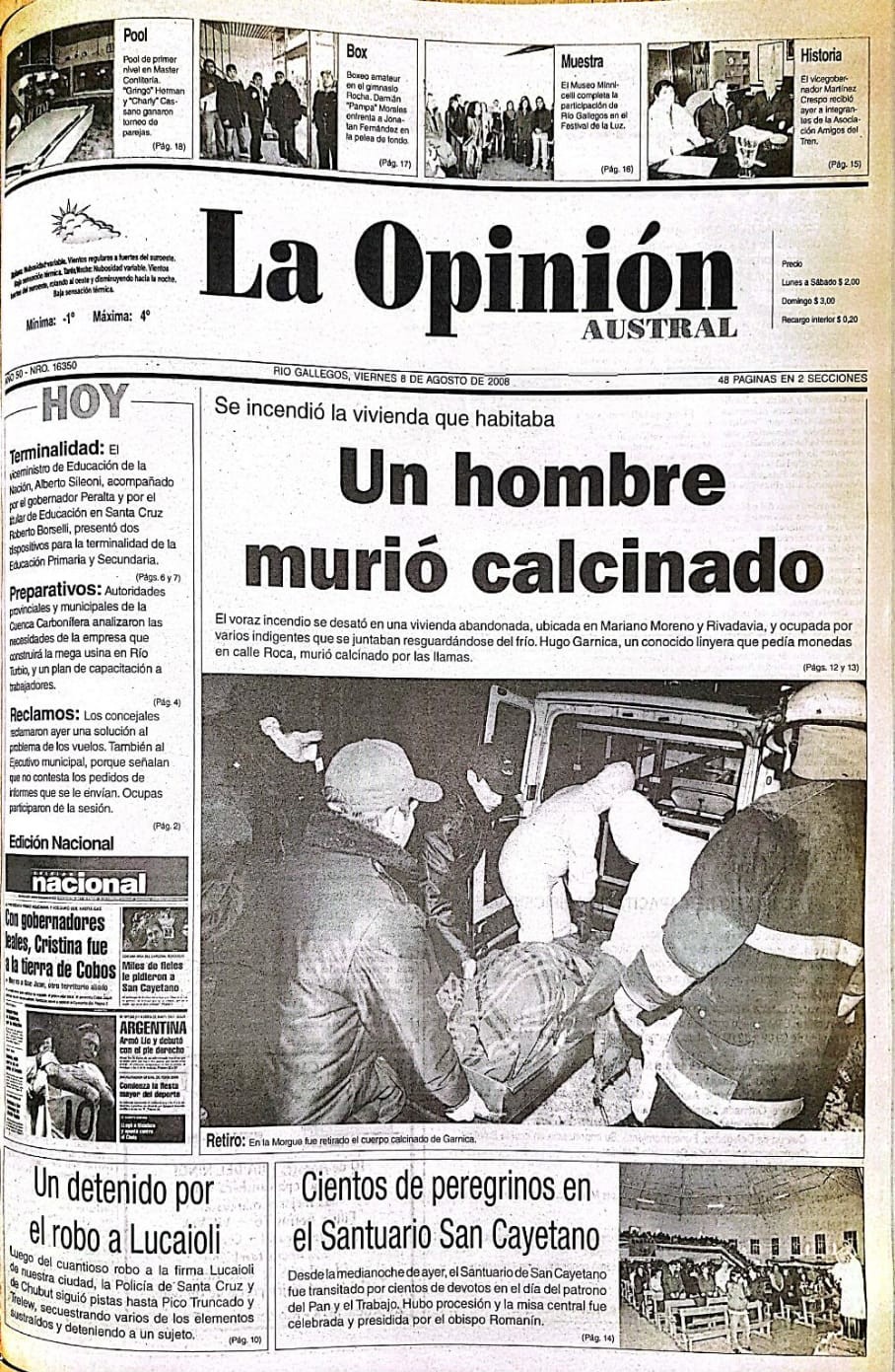  La tapa de La Opinión Austral tras la tragedia.