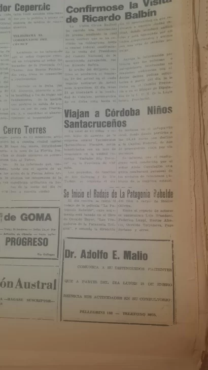  Recorte del diario La Opinión Austral del 17 de enero 1974. El martes anterior había comenzado el rodaje de 