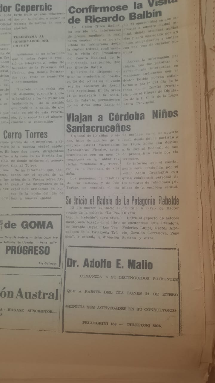  Recorte del diario La Opinión Austral del 17 de enero 1974. El martes anterior había comenzado el rodaje de 