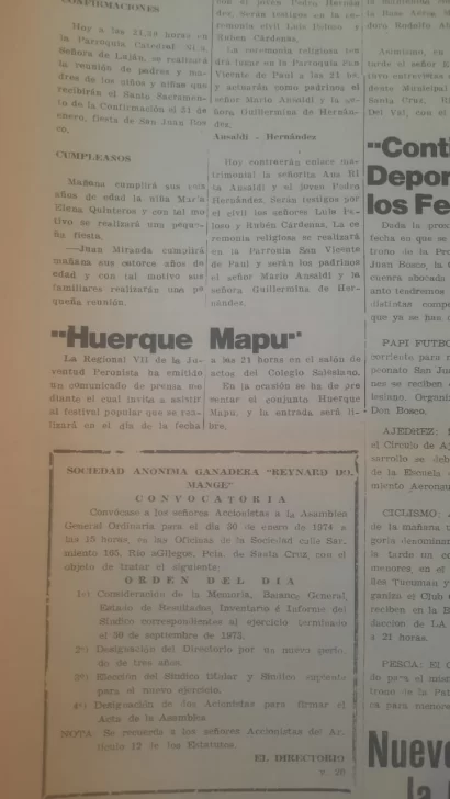  Recorte del diario La Opinión Austral del 16 de enero de 1974. Huerque Mapu se presentaba en el Colegio Salesiano.