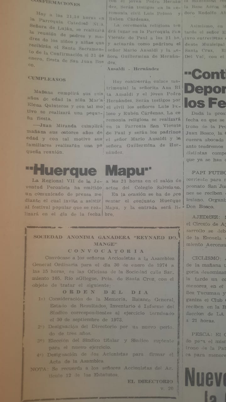  Recorte del diario La Opinión Austral del 16 de enero de 1974. Huerque Mapu se presentaba en el Colegio Salesiano.