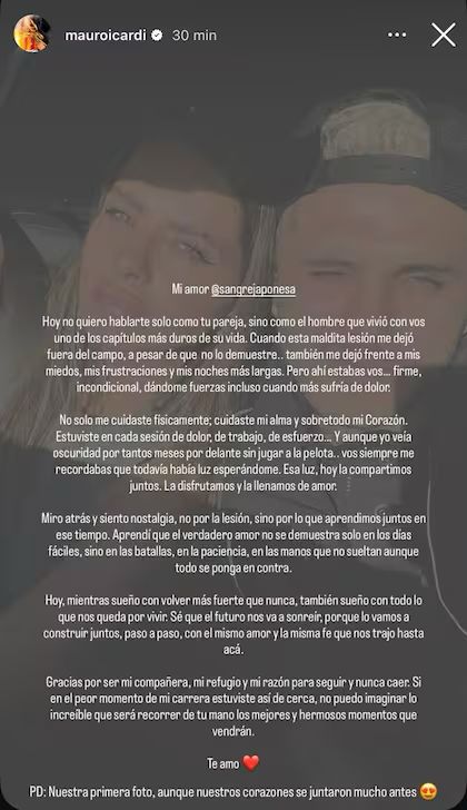 Las emotivas palabras que le dedicó Mauro Icardi a La China Suárez: &#8220;Nuestros corazones se juntaron antes&#8221;