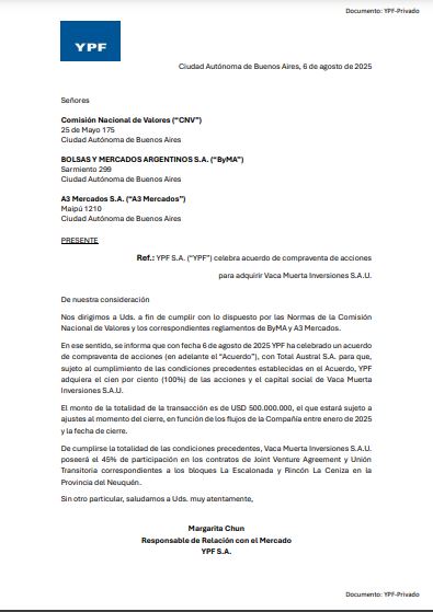  La adquisición del paquete accionario fue informado a las instituciones bursátiles, por parte de YPF.