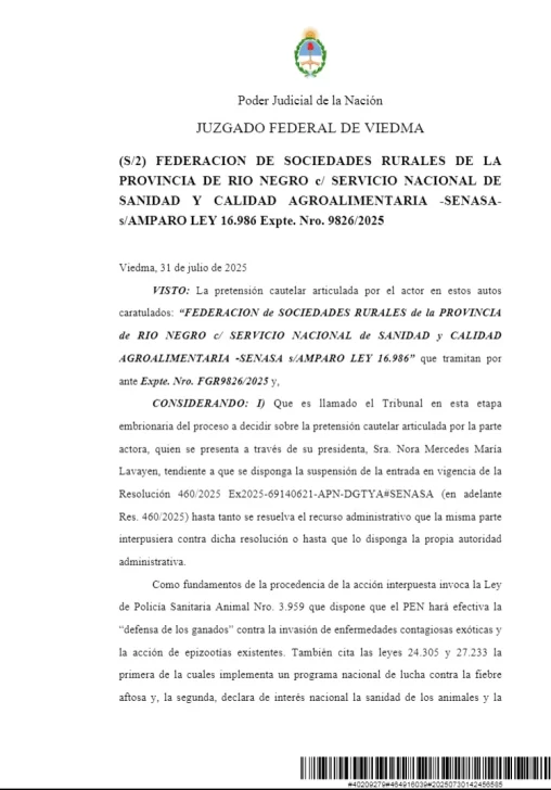 Los productores patagónicos sufrieron el primer rechazo judicial contra la flexibilización de la barrera sanitaria
