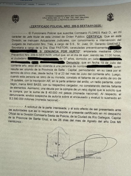  La denuncia radicada en la Comisaría Sexta de Río Gallegos. FOTO: LA OPINIÓN AUSTRAL