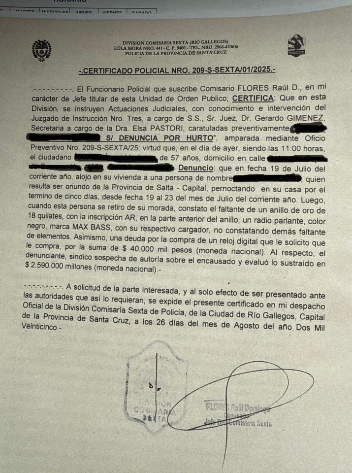  La denuncia radicada en la Comisaría Sexta de Río Gallegos. FOTO: LA OPINIÓN AUSTRAL