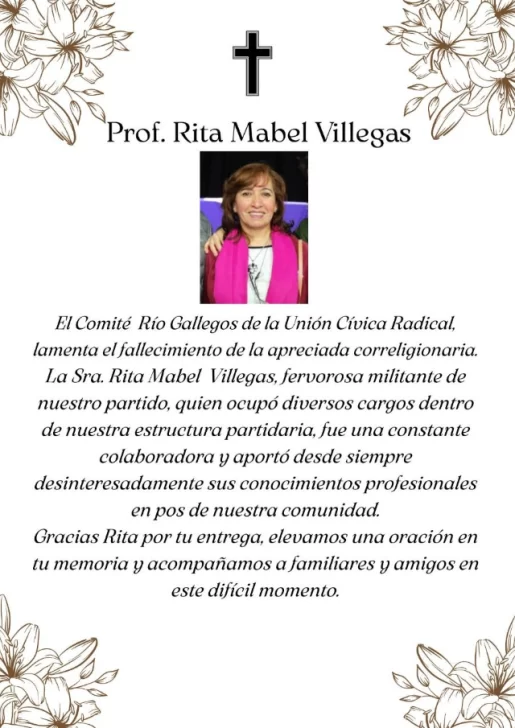 Falleció Rita Villegas: profundo dolor en Santa Cruz por la docente y militante radical