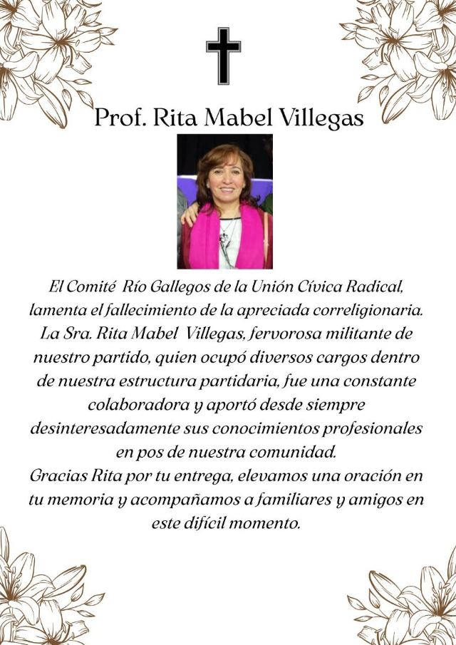 Falleció Rita Villegas: profundo dolor en Santa Cruz por la docente y militante radical