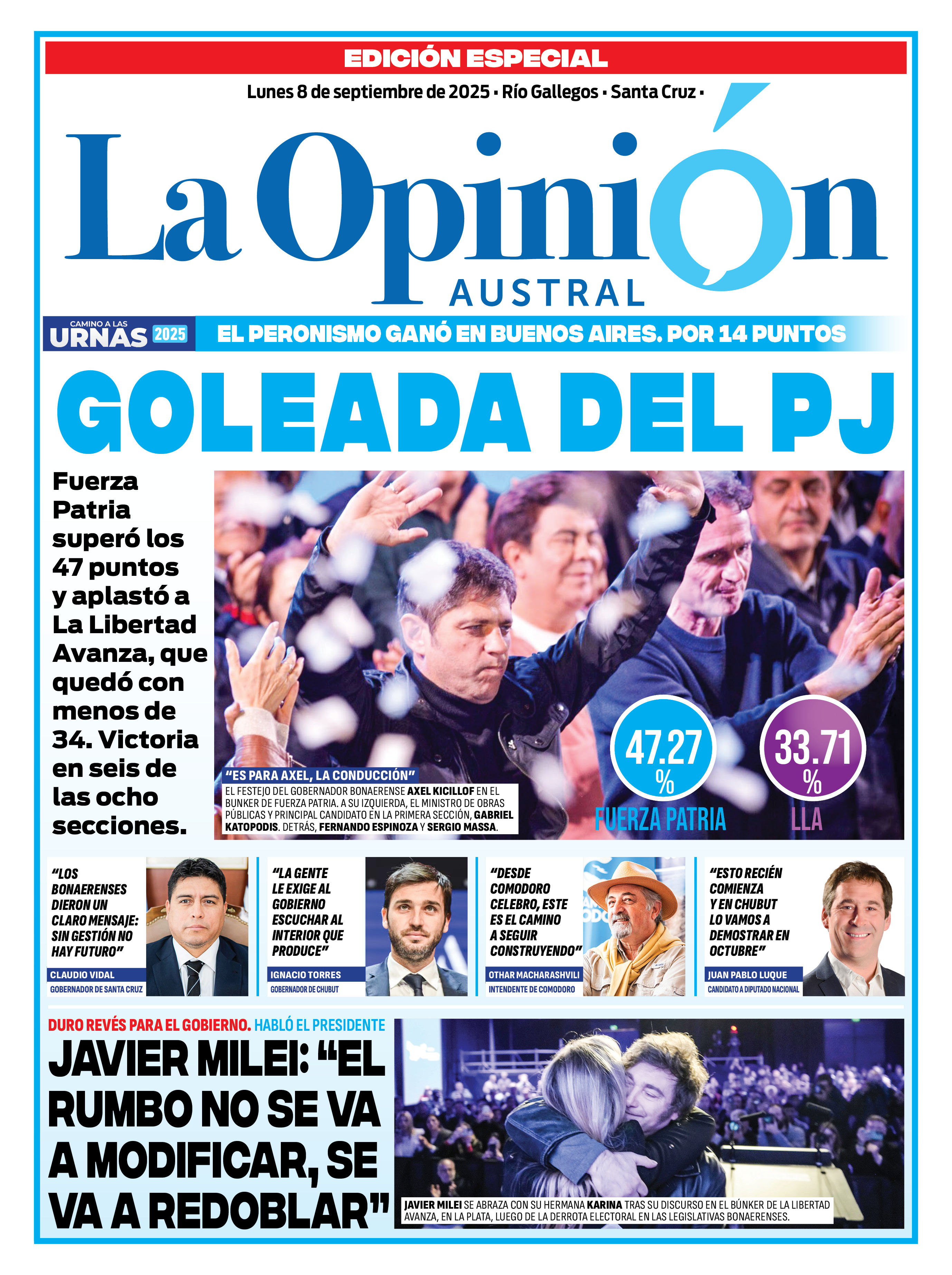  La tapa especial por las elecciones bonaerenses de La Opinión Austral.