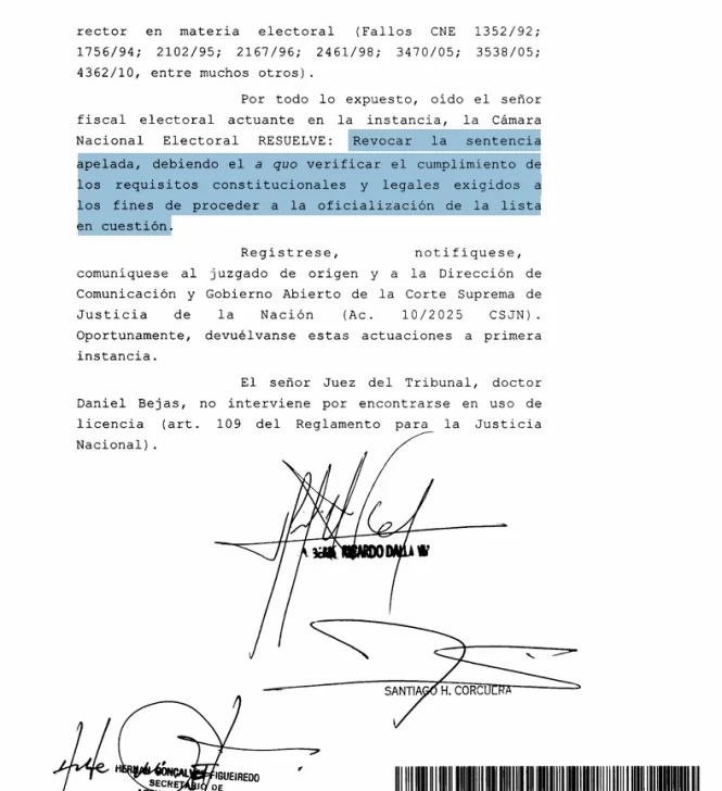  El fallo de la Cámara Nacional Electoral. (La Opinión Austral).
