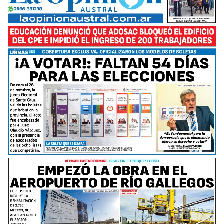 Tapa del Diario La Opinión Austral edición impresa del martes 2 de septiembre de 2025, Río Gallegos, Santa Cruz, Argentina Tapa del Diario La Opinión Austral edición impresa del martes 2 de septiembre de 2025, Río Gallegos, Santa Cruz, Argentina