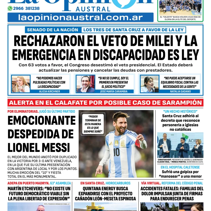 Tapa del Diario La Opinión Austral edición impresa del viernes 5 de septiembre de 2025, Río Gallegos, Santa Cruz, Argentina Tapa del Diario La Opinión Austral edición impresa del viernes 5 de septiembre de 2025, Río Gallegos, Santa Cruz, Argentina