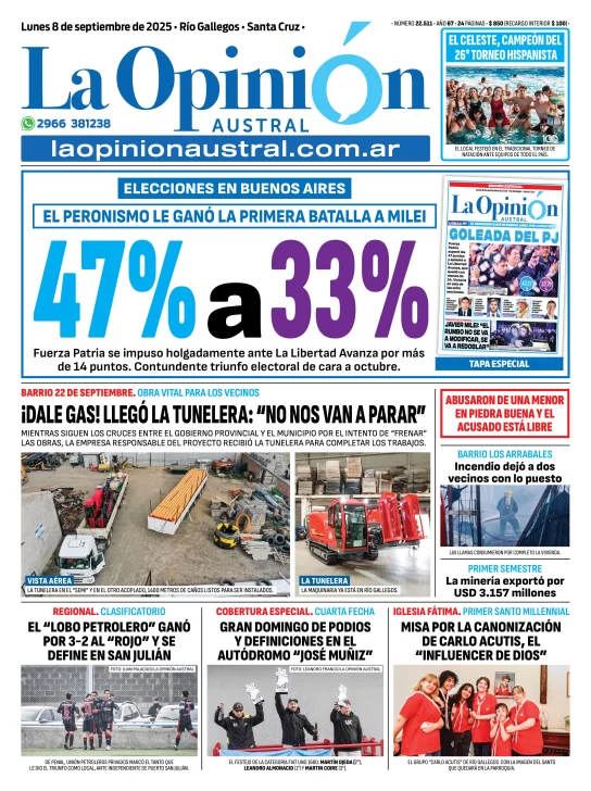 Tapa del Diario La Opinión Austral edición impresa del lunes 8 de septiembre de 2025, Río Gallegos, Santa Cruz, Argentina