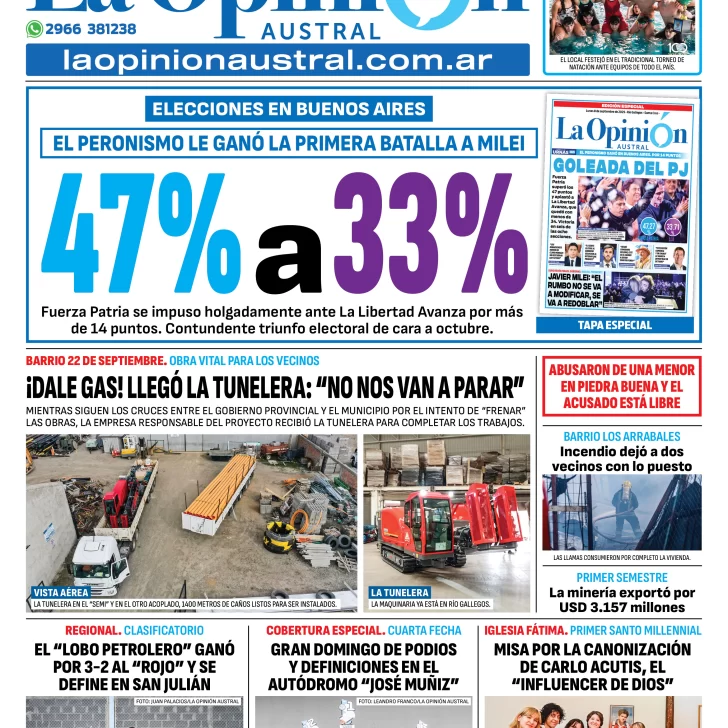 Tapa del Diario La Opinión Austral edición impresa del lunes 8 de septiembre de 2025, Río Gallegos, Santa Cruz, Argentina Tapa del Diario La Opinión Austral edición impresa del lunes 8 de septiembre de 2025, Río Gallegos, Santa Cruz, Argentina