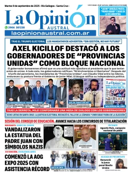 Tapa del Diario La Opinión Austral edición impresa del martes 9 de septiembre de 2025, Río Gallegos, Santa Cruz, Argentina Tapa del Diario La Opinión Austral edición impresa del martes 9 de septiembre de 2025, Río Gallegos, Santa Cruz, Argentina