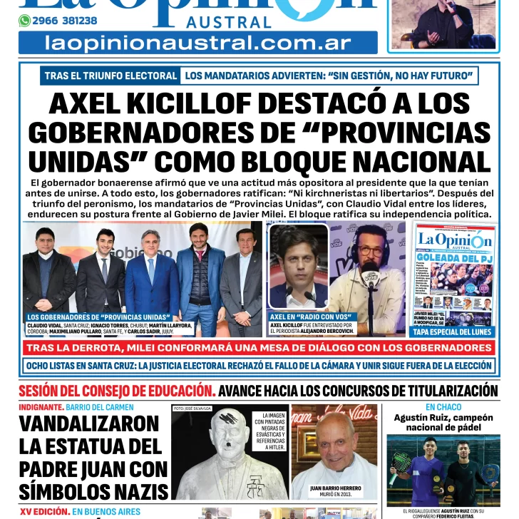 Tapa del Diario La Opinión Austral edición impresa del martes 9 de septiembre de 2025, Río Gallegos, Santa Cruz, Argentina Tapa del Diario La Opinión Austral edición impresa del martes 9 de septiembre de 2025, Río Gallegos, Santa Cruz, Argentina