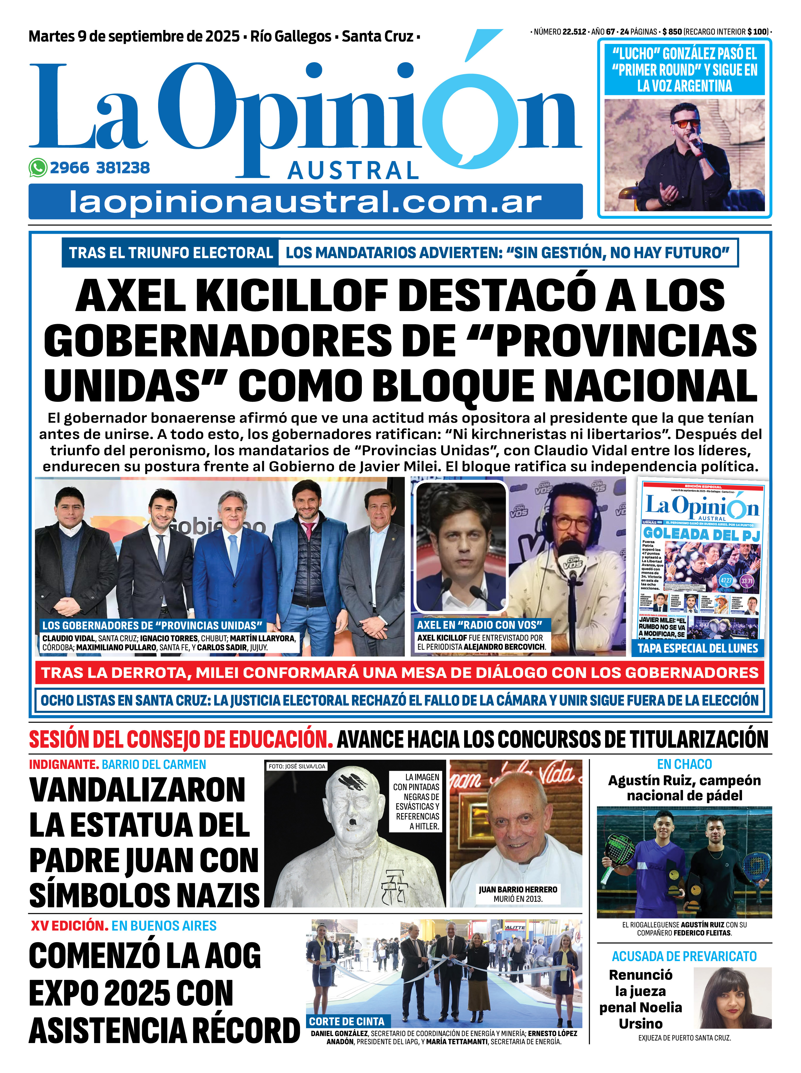  Tapa del Diario La Opinión Austral del martes 9 de septiembre de 2025.