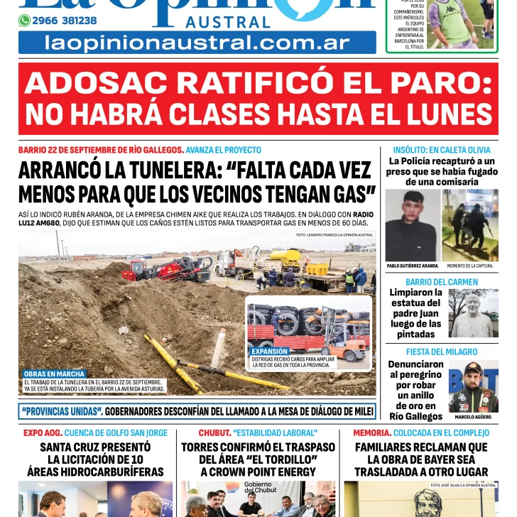 Tapa del Diario La Opinión Austral edición impresa del miércoles 10 de septiembre de 2025, Río Gallegos, Santa Cruz, Argentina Tapa del Diario La Opinión Austral edición impresa del miércoles 10 de septiembre de 2025, Río Gallegos, Santa Cruz, Argentina