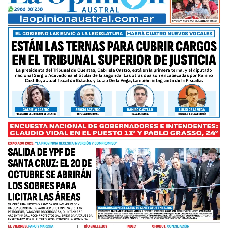 Tapa del Diario La Opinión Austral edición impresa del jueves 11 de septiembre de 2025, Río Gallegos, Santa Cruz, Argentina Tapa del Diario La Opinión Austral edición impresa del jueves 11 de septiembre de 2025, Río Gallegos, Santa Cruz, Argentina
