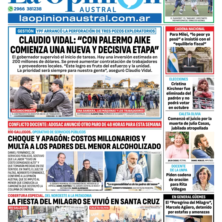 Tapa del Diario La Opinión Austral edición impresa del martes 16 de septiembre de 2025, Río Gallegos, Santa Cruz, Argentina Tapa del Diario La Opinión Austral edición impresa del martes 16 de septiembre de 2025, Río Gallegos, Santa Cruz, Argentina