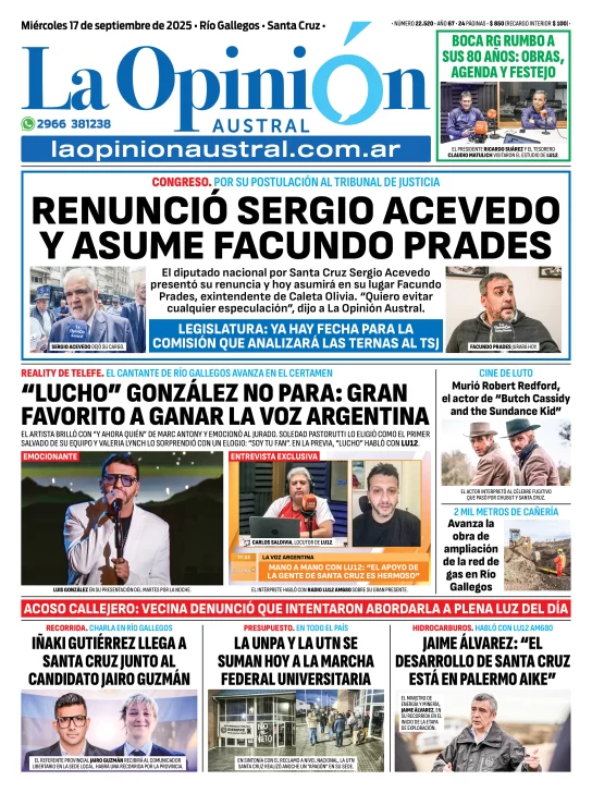 Tapa del Diario La Opinión Austral edición impresa del miércoles 17 de septiembre de 2025, Río Gallegos, Santa Cruz, Argentina