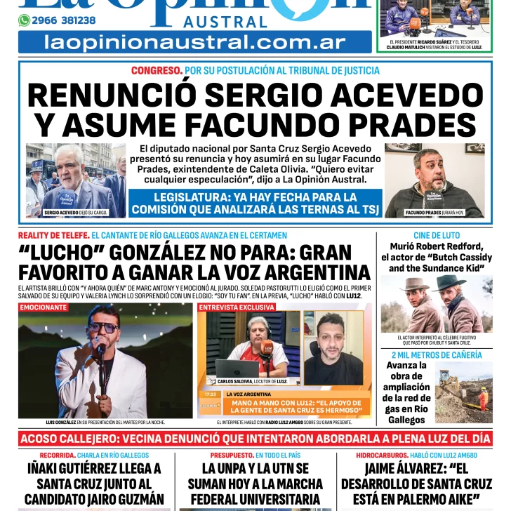 Tapa del Diario La Opinión Austral edición impresa del miércoles 17 de septiembre de 2025, Río Gallegos, Santa Cruz, Argentina Tapa del Diario La Opinión Austral edición impresa del miércoles 17 de septiembre de 2025, Río Gallegos, Santa Cruz, Argentina