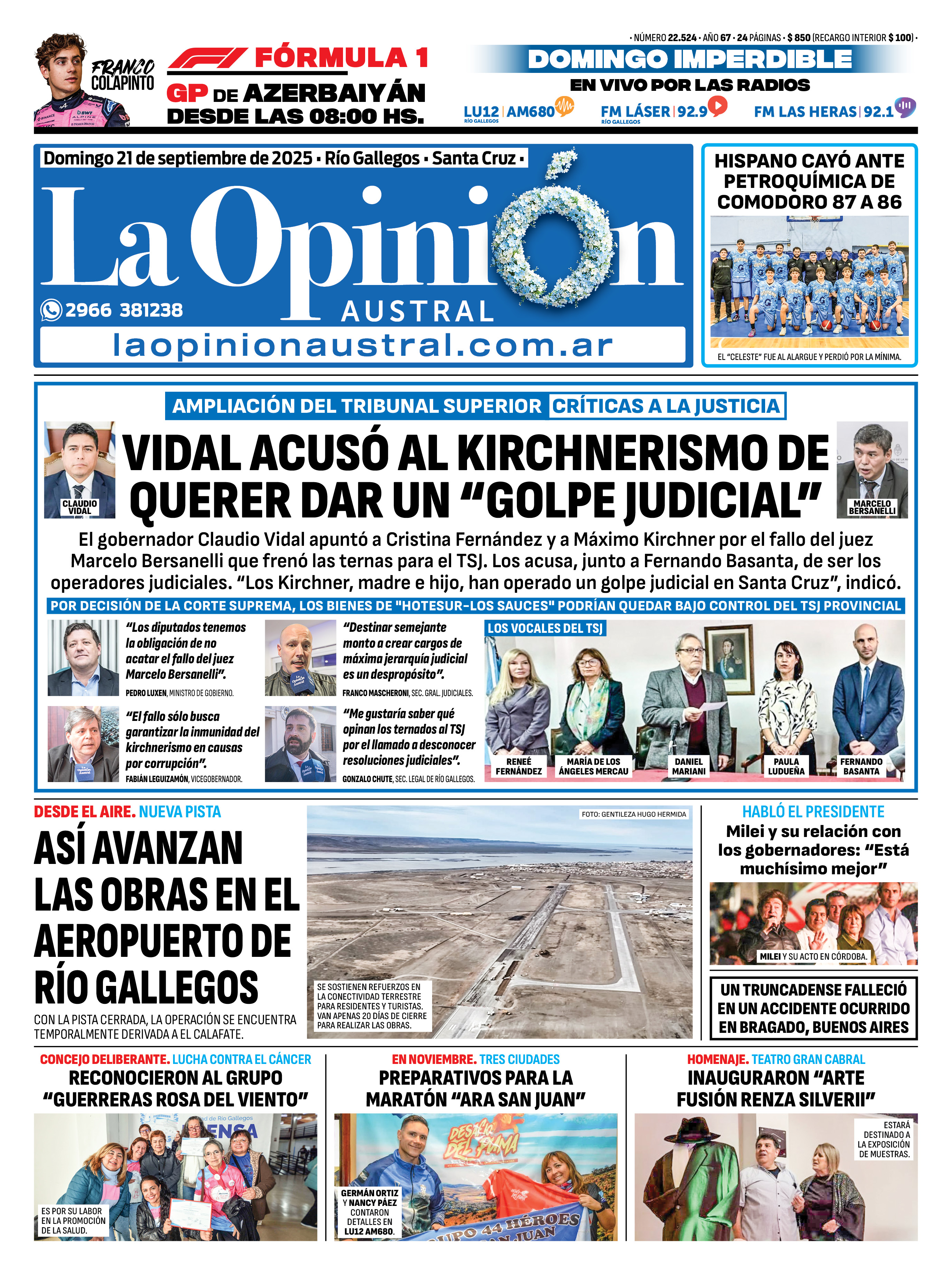  La tapa de La Opinión Austral de este domingo.