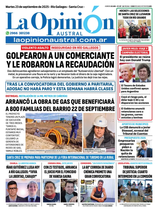 Tapa del Diario La Opinión Austral edición impresa del martes 23 de septiembre de 2025, Río Gallegos, Santa Cruz, Argentina