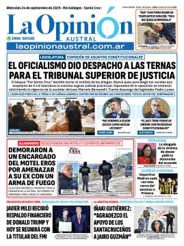 Tapa del Diario La Opinión Austral edición impresa del miércoles 24 de septiembre de 2025, Río Gallegos, Santa Cruz, Argentina