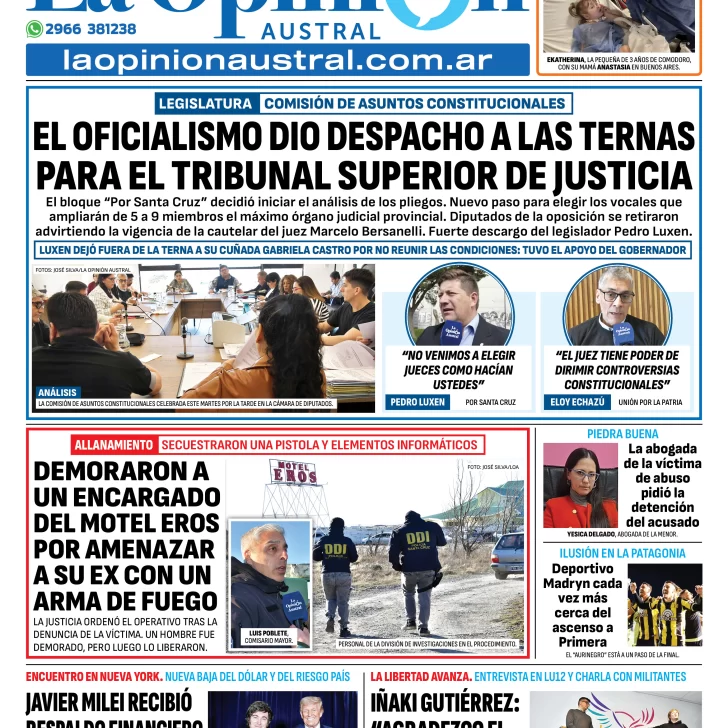 Tapa del Diario La Opinión Austral edición impresa del miércoles 24 de septiembre de 2025, Río Gallegos, Santa Cruz, Argentina