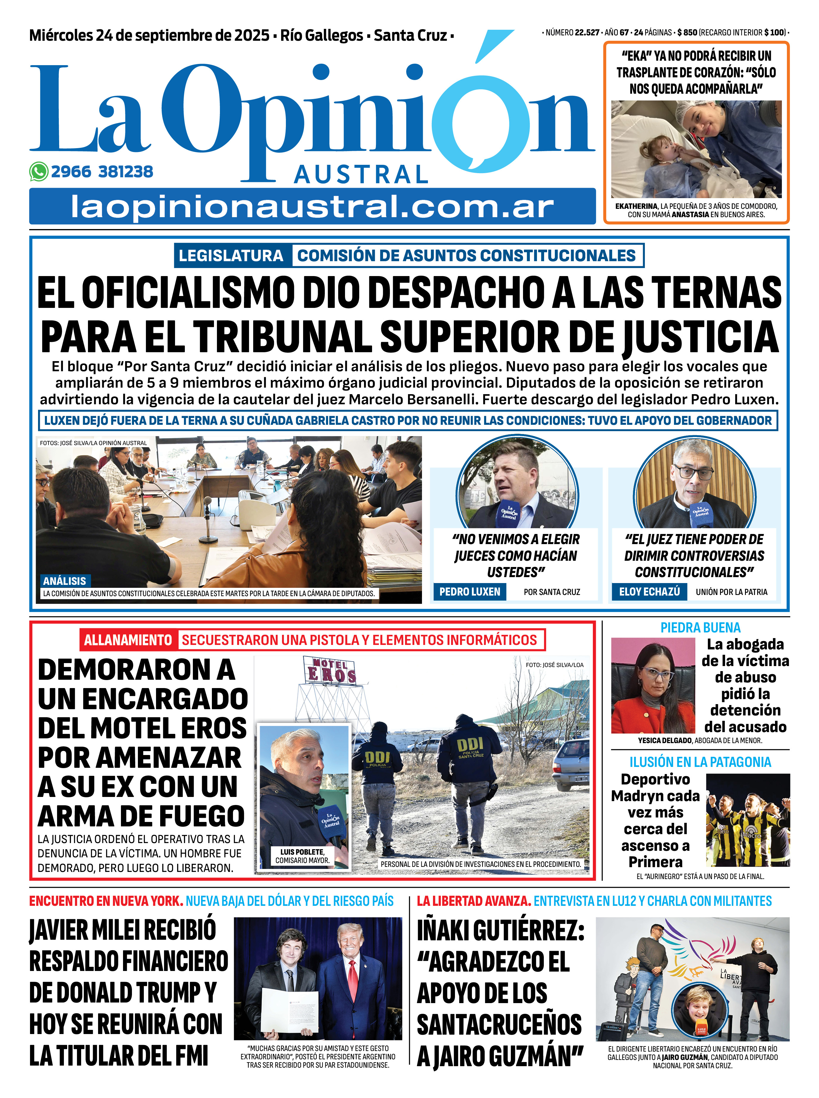  La tapa de La Opinión Austral de este miércoles 24 de septiembre.