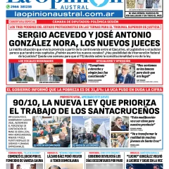Tapa del Diario La Opinión Austral edición impresa del viernes 26 de septiembre de 2025, Río Gallegos, Santa Cruz, Argentina