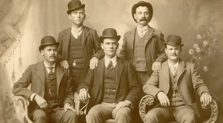  La banda de asaltantes Wild Bunch, con Sundance Kid sentado a la izquierda y Butch Cassidy sentado a la derecha de la imagen.