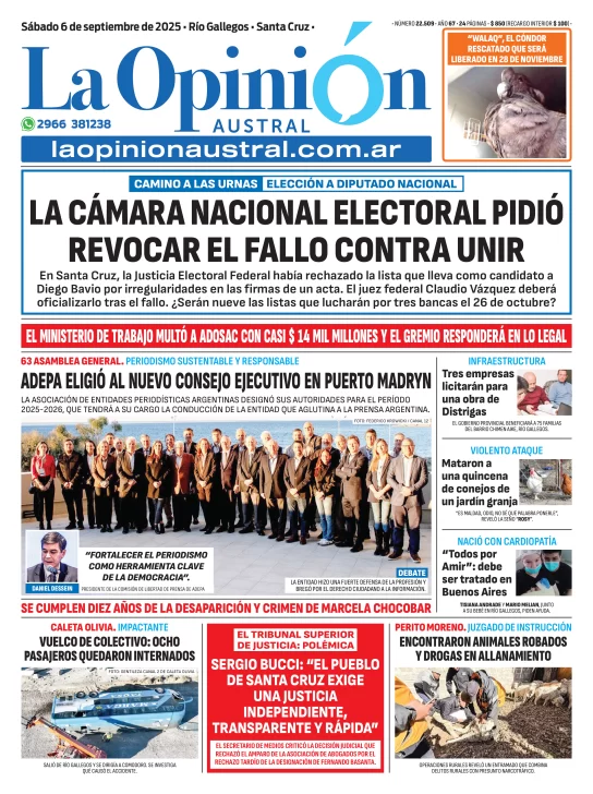  La tapa del 6 de septiembre de La Opinión Austral.