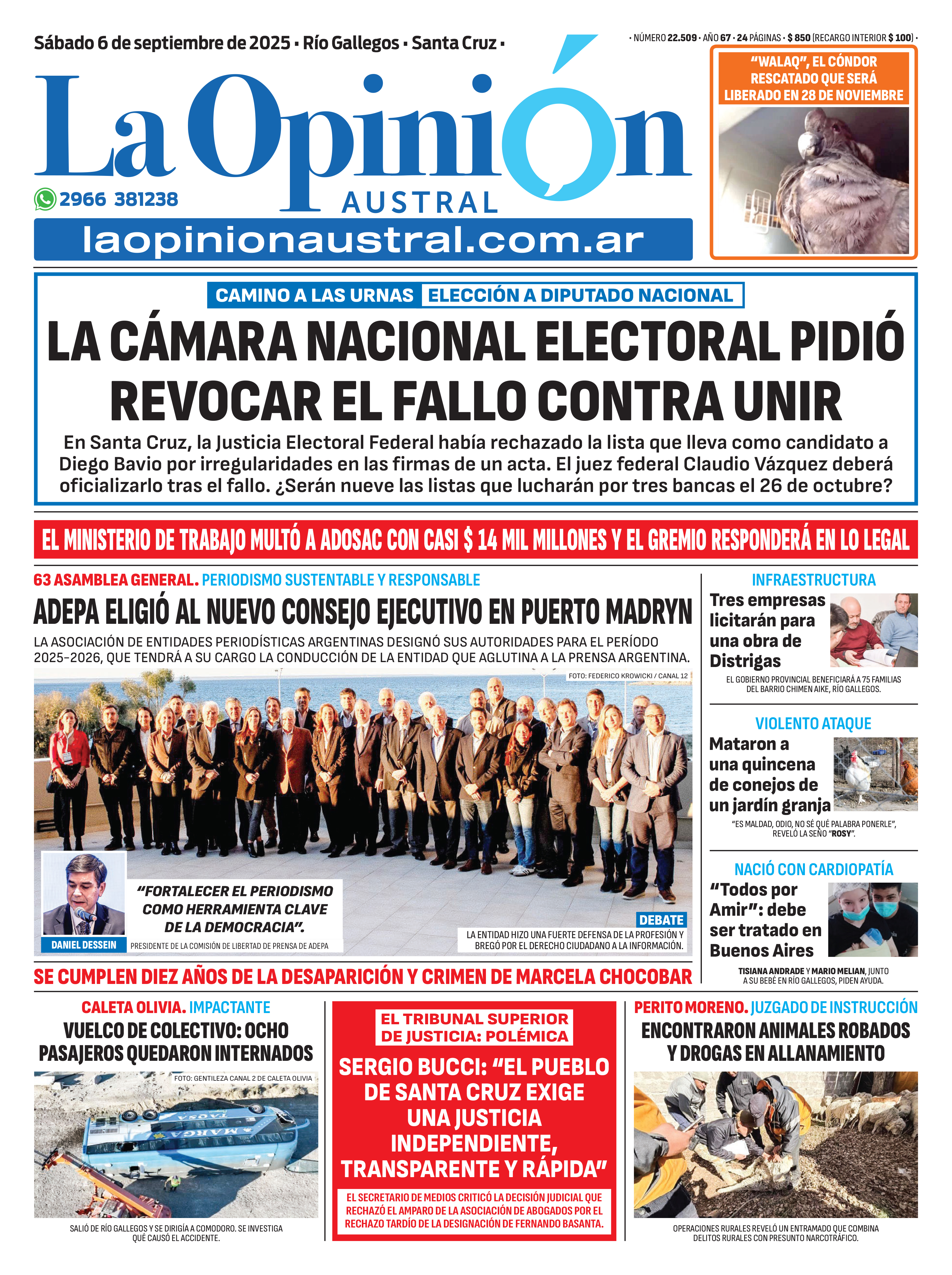  La tapa del 6 de septiembre de La Opinión Austral.