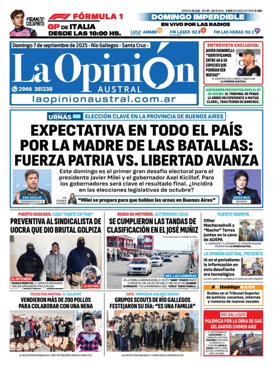 Tapa del Diario La Opinión Austral edición impresa del domingo 7 de septiembre de 2025, Río Gallegos, Santa Cruz, Argentina