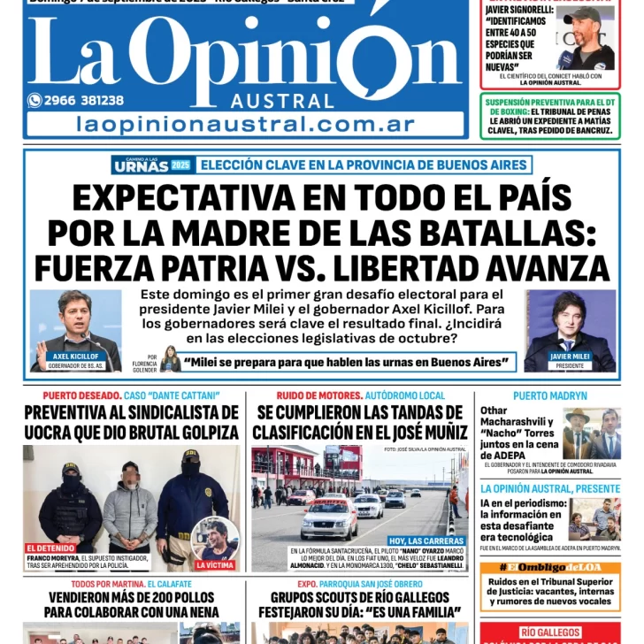 Tapa del Diario La Opinión Austral edición impresa del domingo 7 de septiembre de 2025, Río Gallegos, Santa Cruz, Argentina Tapa del Diario La Opinión Austral edición impresa del domingo 7 de septiembre de 2025, Río Gallegos, Santa Cruz, Argentina