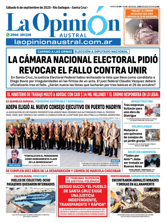  Tapa de La Opinión Austral del sábado 6 de septiembre pasado.