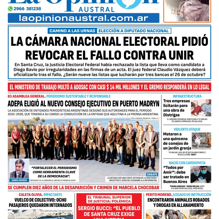 Tapa del Diario La Opinión Austral edición impresa del sábado 6 de septiembre de 2025, Río Gallegos, Santa Cruz, Argentina Tapa del Diario La Opinión Austral edición impresa del sábado 6 de septiembre de 2025, Río Gallegos, Santa Cruz, Argentina