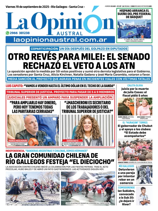 Tapa del Diario La Opinión Austral edición impresa del viernes 19 de septiembre de 2025, Río Gallegos, Santa Cruz, Argentina