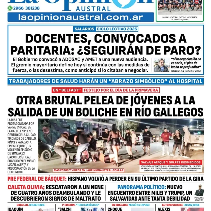 Tapa del Diario La Opinión Austral edición impresa del lunes 22 de septiembre de 2025, Río Gallegos, Santa Cruz, Argentina Tapa del Diario La Opinión Austral edición impresa del lunes 22 de septiembre de 2025, Río Gallegos, Santa Cruz, Argentina