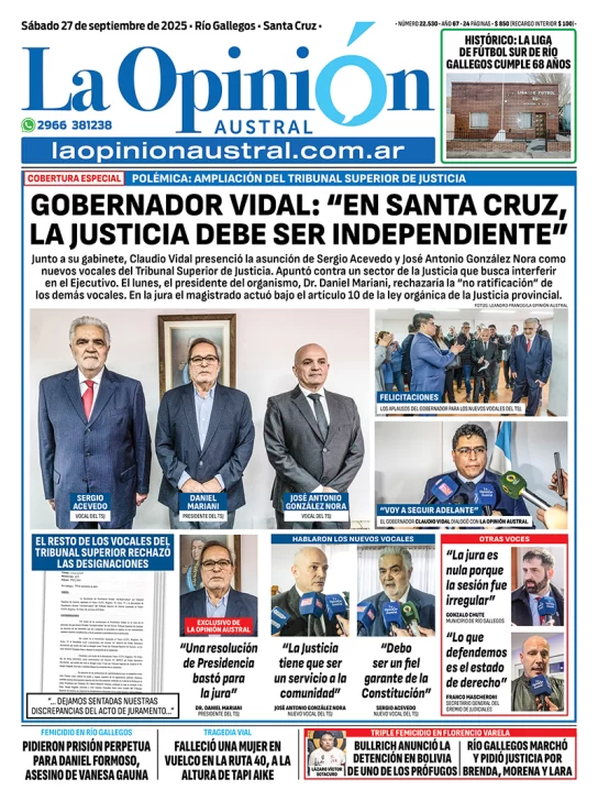  Tapa del Diario La Opinión Austral del sábado 27 de septiembre de 2025.