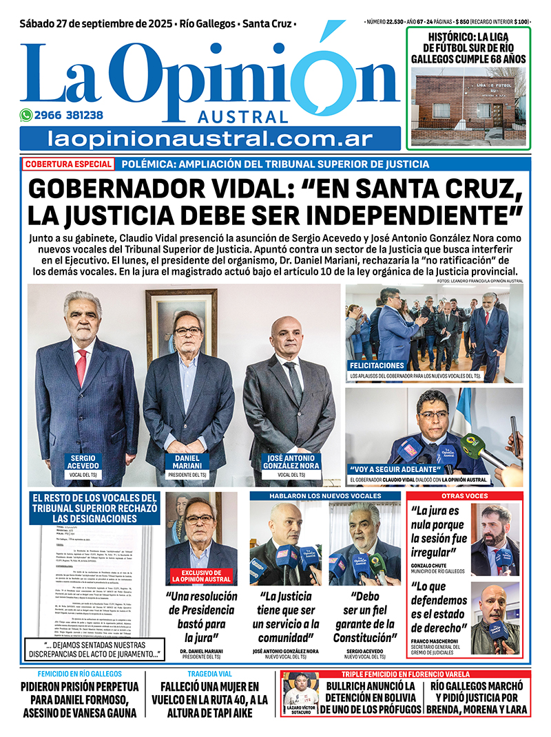  Tapa del Diario La Opinión Austral del sábado 27 de septiembre de 2025.