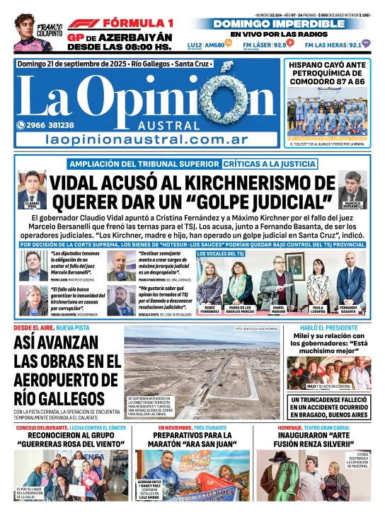 Tapa del Diario La Opinión Austral edición impresa del domingo 21 de septiembre de 2025, Río Gallegos, Santa Cruz, Argentina