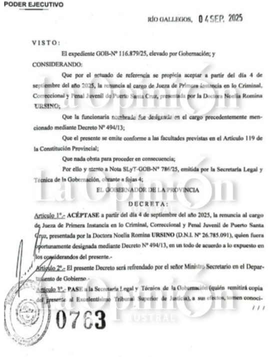  La renuncia presentada por la exjueza Noelia Ursino al Poder Ejecutivo.